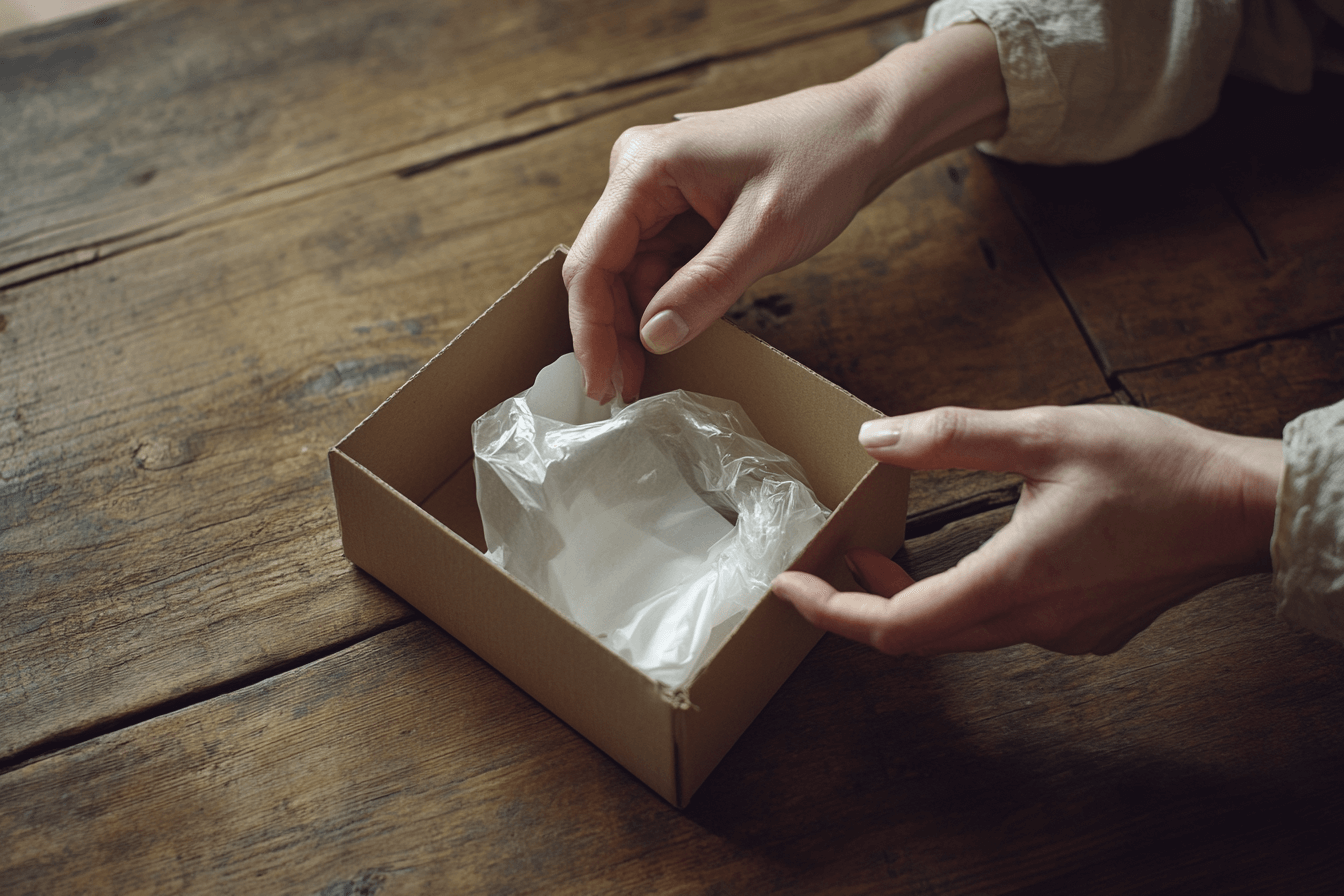 realistic photo of a pair of hands gently opening a small cardboard box on a wooden table, soft natural lighting, visible crinkled paper and bubble wrap inside, minimalist background, high detail, shallow depth of field