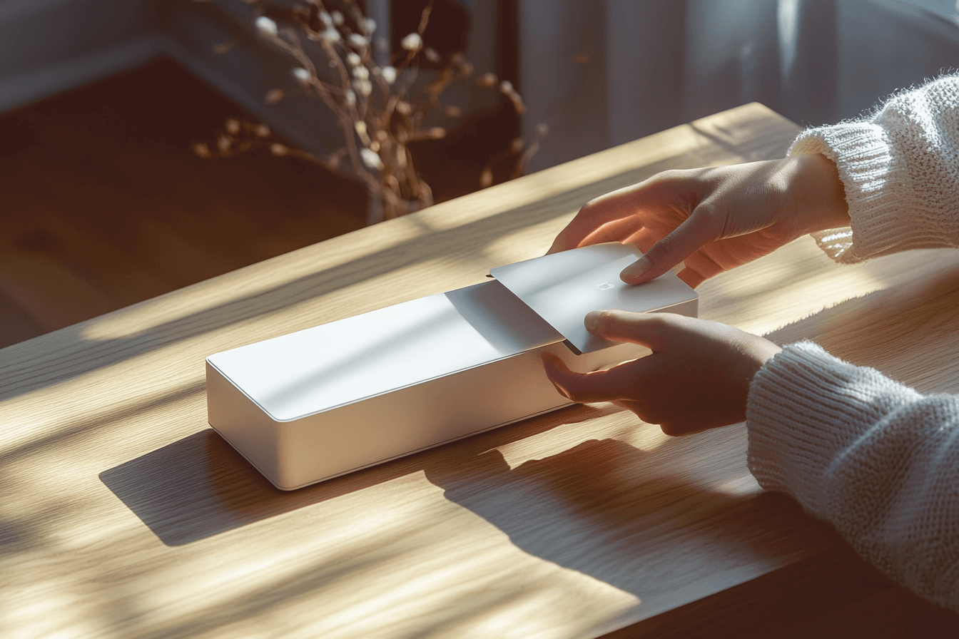 realistic photo of a person opening a sleek tech product box on a clean wooden table, natural lighting, minimalistic packaging, hands holding the lid halfway open, soft shadows, neutral background