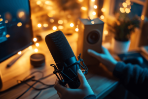 realistic photo of an ASMR recording setup with a microphone, soft ambient lighting, hands holding a packaged product near the mic, cozy and quiet atmosphere, close-up composition, modern desk setup