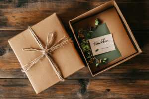 realistic photo of eco-friendly packaging being unboxed, cardboard box with recycled paper wrapping, small thank you card inside, warm ambient light, close-up top-down view, on a rustic wooden surface